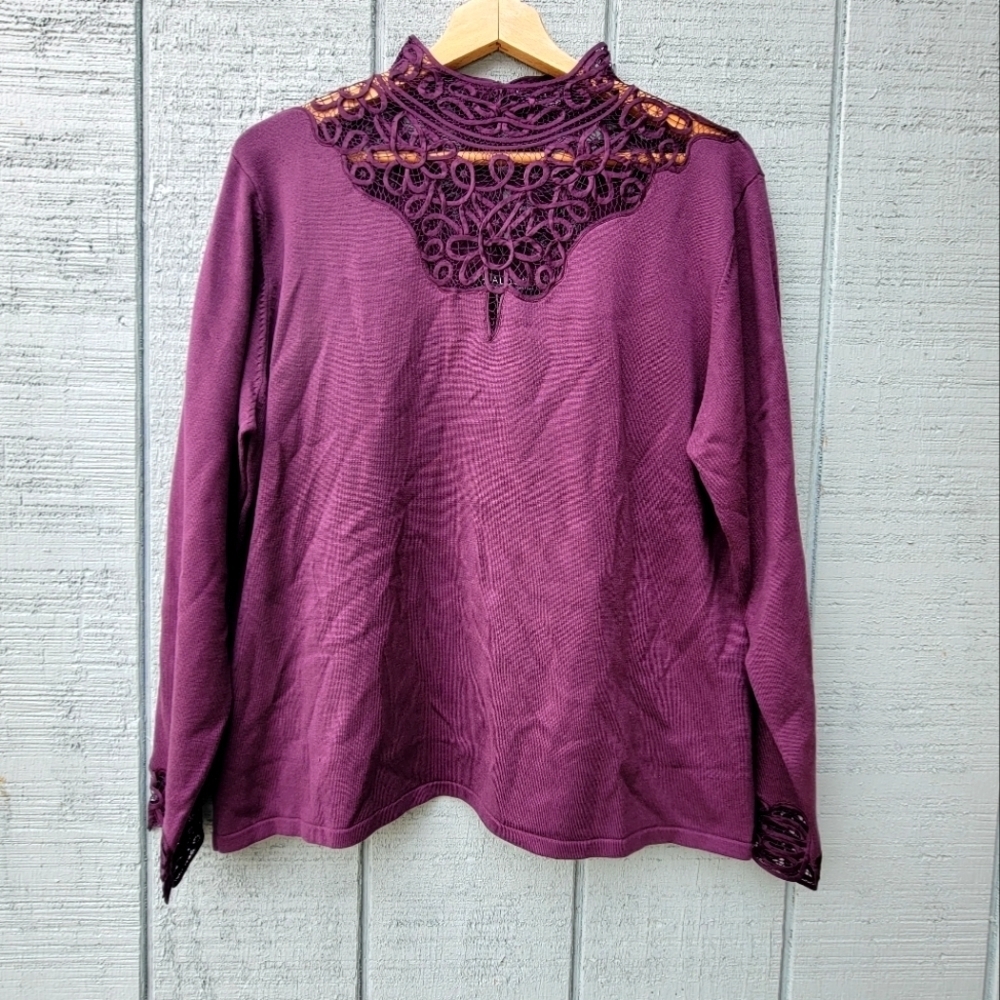 Dailogue Lace Mock Neck Silk Blend Knit Sweater size 1X Egglant Purple